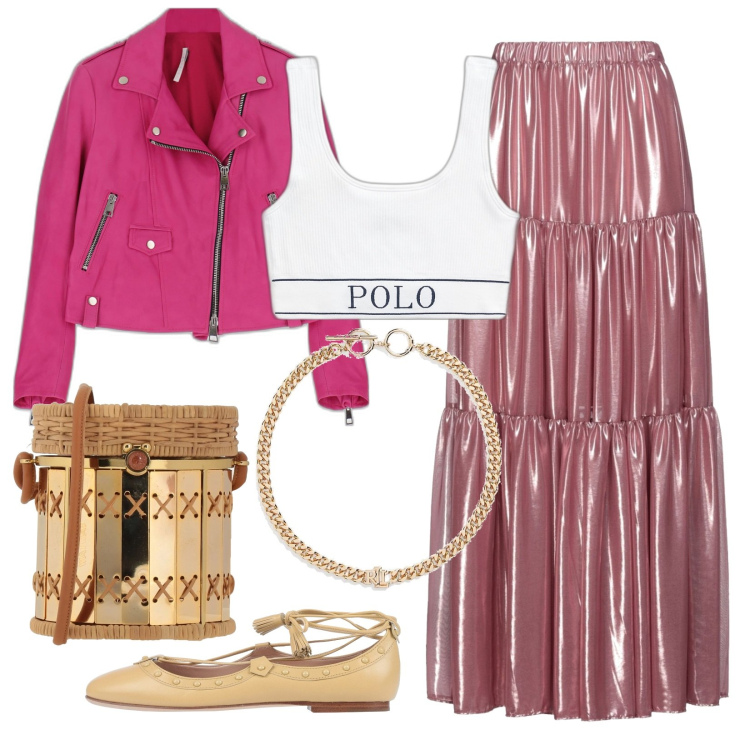 Outfit donna - Tramonti rosati. Stile Trendy per Serata fuori. Abbinamento con gonne lunghe, borse a tracolla, ballerine, giacche, canottiere, collane.