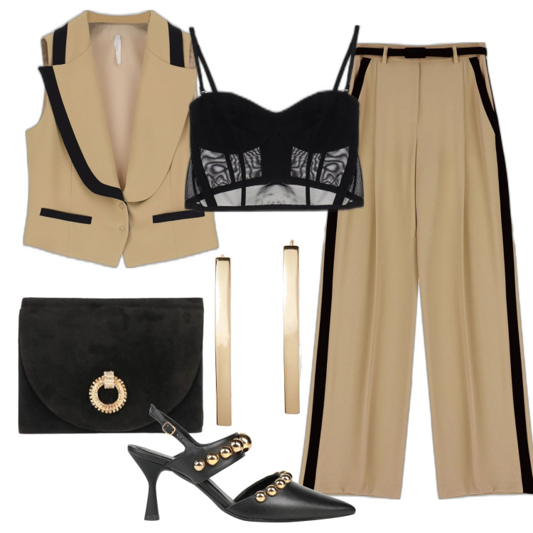 Outfit donna - Mocha mousse. Stile Sexy per Serata fuori. Abbinamento con décolleté, borse a tracolla, pantaloni a palazzo, gilet, top, orecchini.