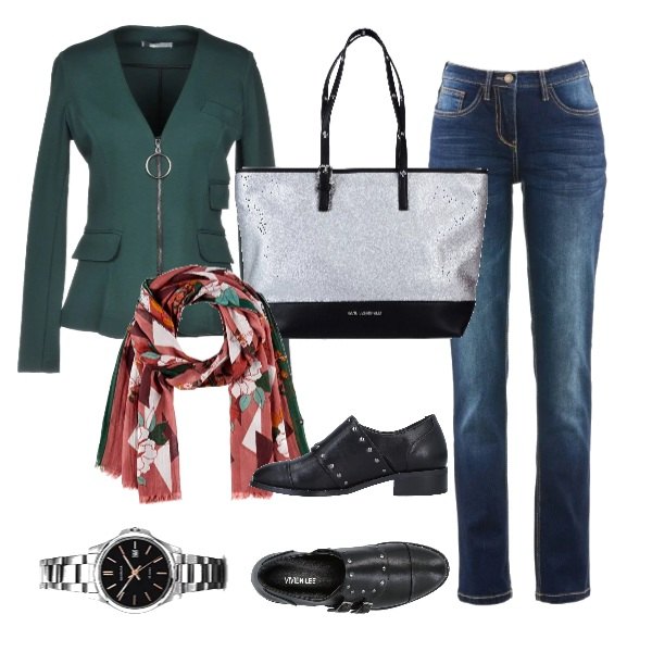 Outfit donna - Urban #6756. Stile Urban per Tutti i giorni. Abbinamento con jeans dritti, giacca collo a v a maniche lunghe con zip interno sfoderato jersey, mocassini con tacco squadrato e fibbia con punta tonda pianta larga in denim tinta unita, borsa a mano maxi fantasia effetto laminato doppio manico interno foderato, sciarpa taglia unica rosso, orologio argento.