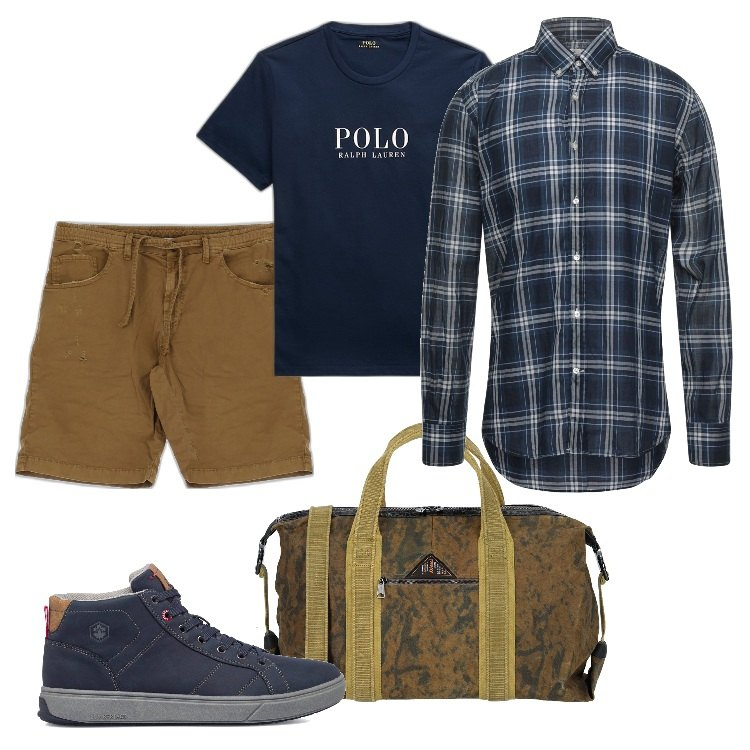 Outfit uomo - Total look #1682536. Stile Trendy per Tutti i giorni. Abbinamento con borse sportive, camicie, shorts, t-shirt, sneakers alte.