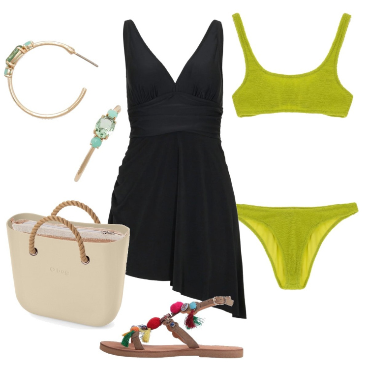 Outfit donna - Costume giallo lime. Stile Casual per Mare. Abbinamento con vestiti da spiaggia, sandali, costumi, orecchini, borse a spalla.