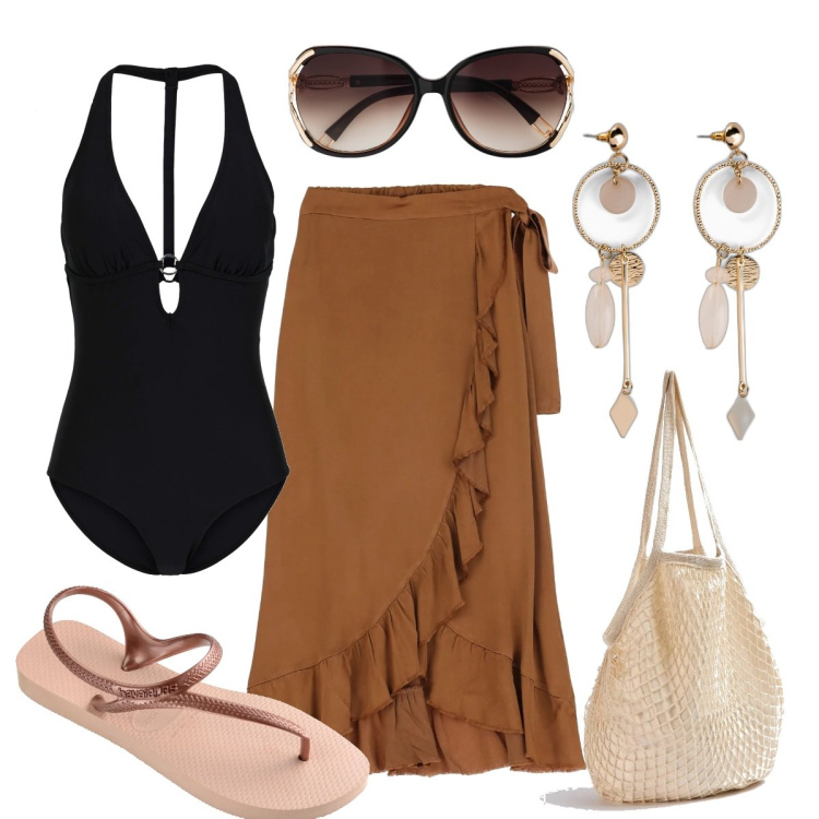 Outfit donna - Cheap and chic. Stile Casual per Mare. Abbinamento con costumi interi, orecchini, occhiali da sole, borse a spalla, gonne longuette, infradito.