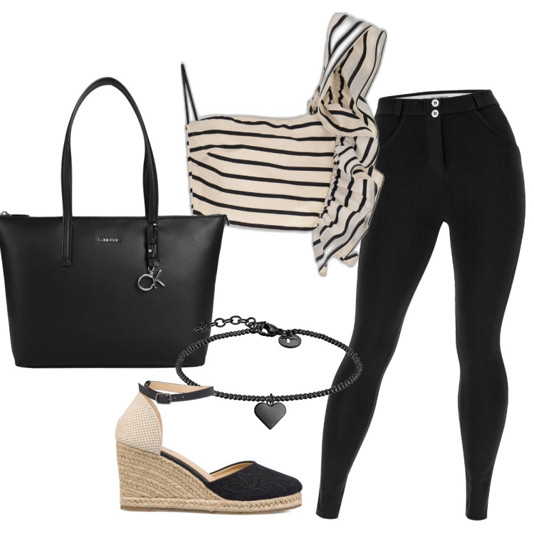 Outfit donna - Top con frappa. Stile Casual per Tutti i giorni. Abbinamento con borse a mano, top, pantaloni skinny, espadrillas, braccialetti.