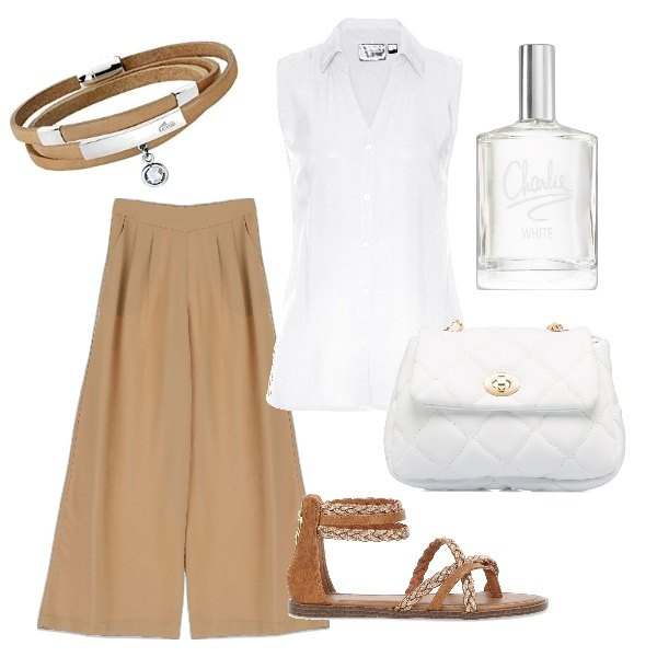 Outfit donna - Shopping in centro. Stile Casual chic per Tutti i giorni. Abbinamento con camicie, profumi, pantaloni a palazzo, borse a tracolla, sandali, braccialetti.