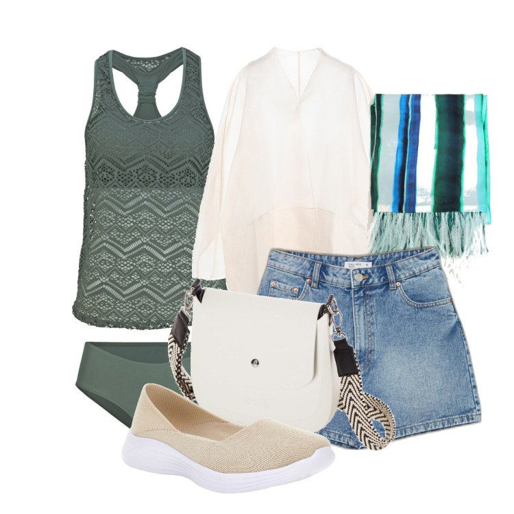Outfit donna - Al lago. Stile Minimal per Mare. Abbinamento con costumi interi, cappotti, shorts, ballerine, sciarpe, borse a spalla.