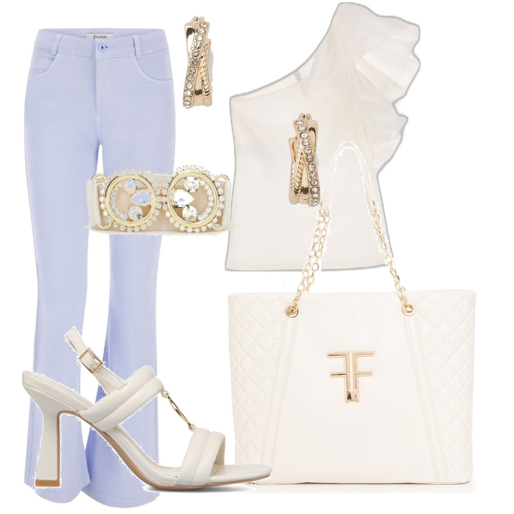 Outfit donna - La shopper everyday. Stile Casual chic per Tutti i giorni. Abbinamento con jeans a zampa, shopping bag, canottiere, cinture, orecchini, sandali col tacco.