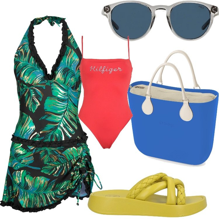 Outfit donna - costume rosso borsa blu. Stile Basic per Mare. Abbinamento con vestiti da spiaggia, sandali in pelle, costumi interi, occhiali da sole, borse a spalla.