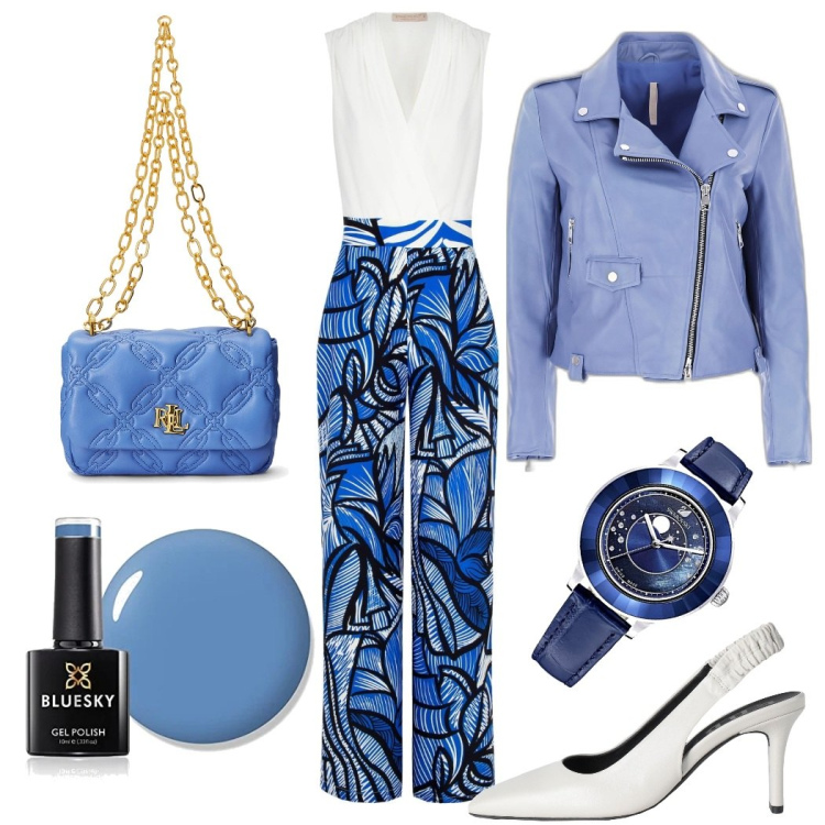 Outfit donna - Total look color cielo. Stile Glamour per Tutti i giorni. Abbinamento con décolleté, borse a spalla, tute, giacche, orologi, smalti.
