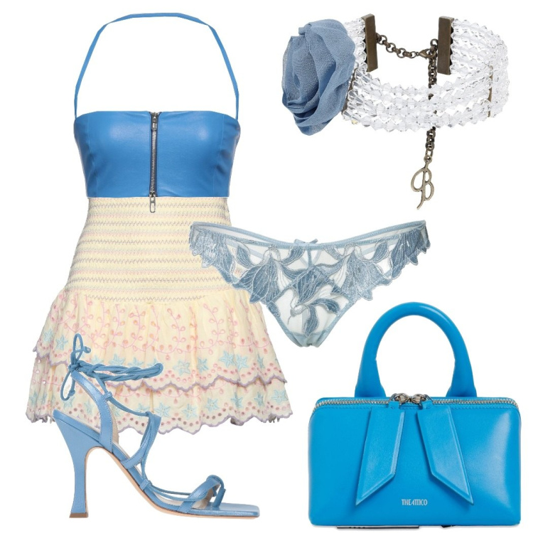 Outfit donna - Azzurro. Stile Romantica per Tutti i giorni. Abbinamento con top, infradito, minigonne, borse a mano, perizomi, collane.