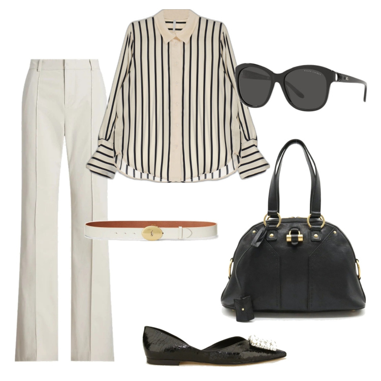 Outfit donna - At work. Stile Bon Ton per Ufficio. Abbinamento con borse a mano, camicie, ballerine, occhiali da sole, pantaloni, cinture.