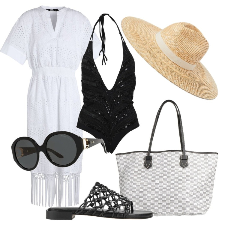 Outfit donna - Mare. Stile Bon Ton per Mare. Abbinamento con infradito, costumi interi, vestiti midi/longuette, borse a spalla, cappelli, occhiali da sole.