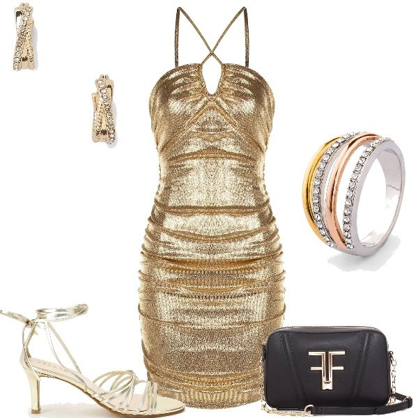 Outfit donna - golden hour. Stile Glamour per Serata fuori. Abbinamento con anelli, vestiti a tubino, pochette, sandali col tacco, orecchini.