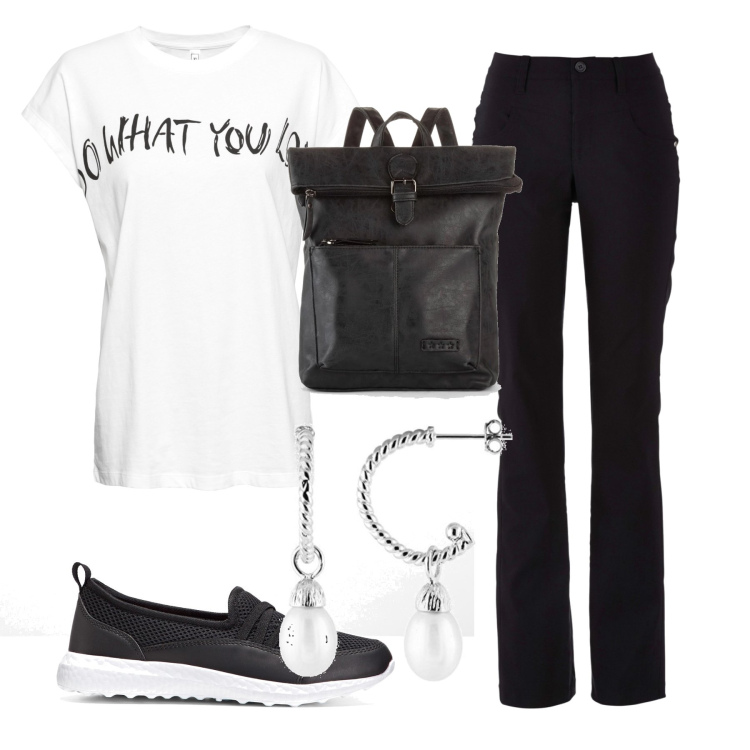Outfit donna - Bianco e nero. Stile Casual chic per Tutti i giorni. Abbinamento con pantaloni, sneakers, zaini, maglieria, orecchini.