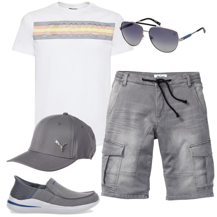 Outfit uomo - Uomo easy. Stile Casual per Tutti i giorni. Abbinamento con bermuda, occhiali da sole, cappelli con visiera, t-shirt, sneakers.