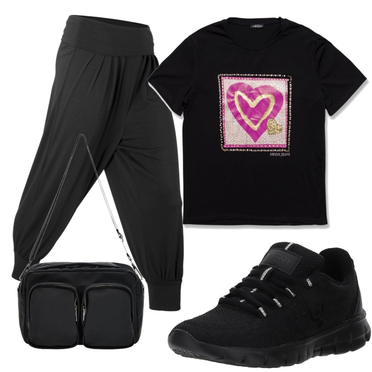 Outfit donna - Total look #1683146. Stile Sporty chic per Sport. look ideale per Tall. Abbinamento con pantaloni, sneakers, borse a tracolla, t-shirt.