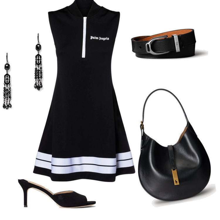 Outfit donna - Black & white sbarazzino. Stile Casual chic per Serata fuori. Abbinamento con braccialetti, sandali, borse a spalla, orecchini, vestiti.