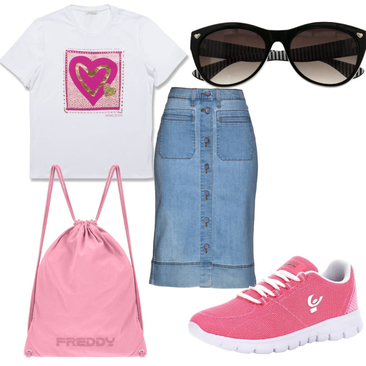 Outfit donna - Estate in rosa. Stile Basic per Tutti i giorni. Abbinamento con gonne, sneakers, zaini, t-shirt, occhiali da sole.