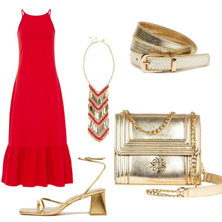 Outfit donna - Rosso di sera. Stile Chic per Serata fuori. Abbinamento con vestiti lunghi, borse a tracolla, sandali in pelle, cinture, collane.