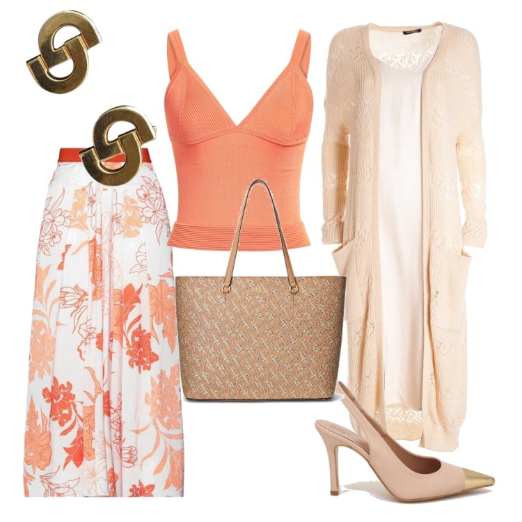Outfit donna - Tramonto sul mare. Stile Casual chic per Serata fuori. Abbinamento con pantaloni capri, top, orecchini, cardigans, borse tote, décolleté.