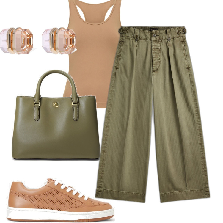 Outfit donna - Comoda e trendy. Stile Urban per Tutti i giorni. Abbinamento con pantaloni, sneakers, borse a mano, canottiere, orecchini.