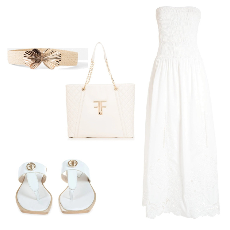 Outfit donna - All white. Stile Casual chic per Mare. Abbinamento con cinture, vestiti lunghi, infradito, shopping bag.