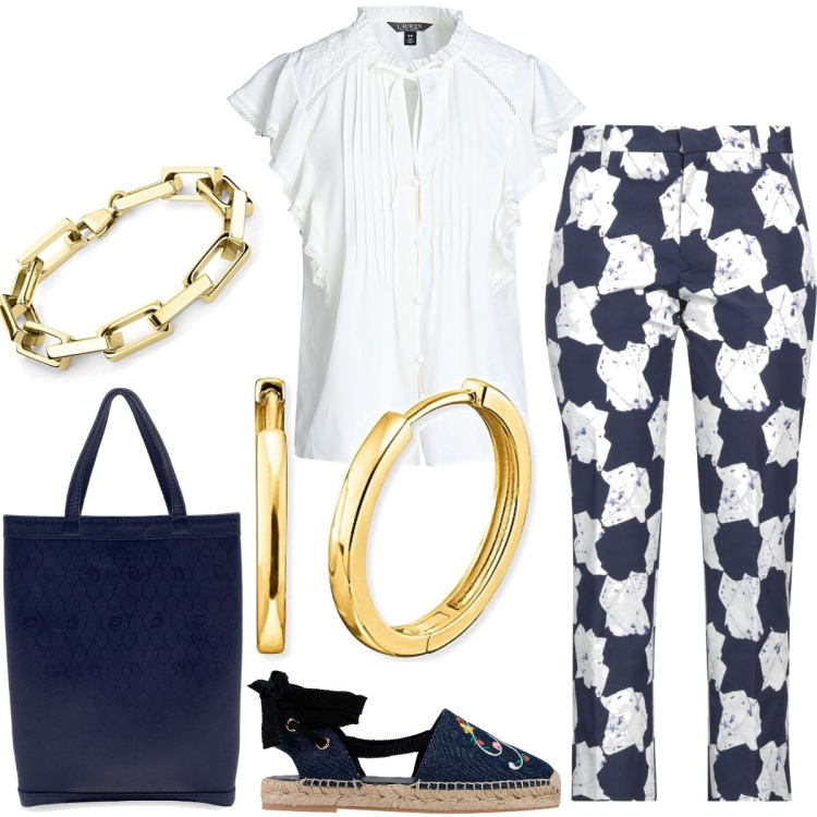 Outfit donna - Al lavoro. Stile Casual chic per Ufficio. Abbinamento con espadrillas, camicie a manica corta, pantaloni, borse a mano, orecchini, braccialetti.