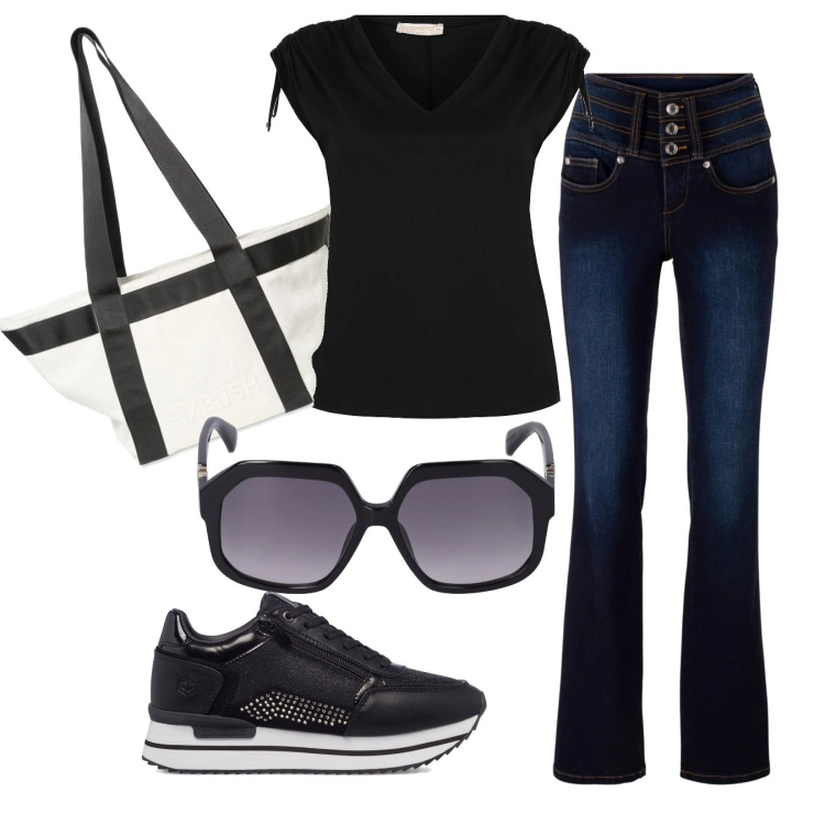 Outfit donna - Comodità quotidiana. Stile Sporty chic per Tutti i giorni. Abbinamento con jeans bootcut, t-shirt, sneakers, occhiali da sole, shopping bag.