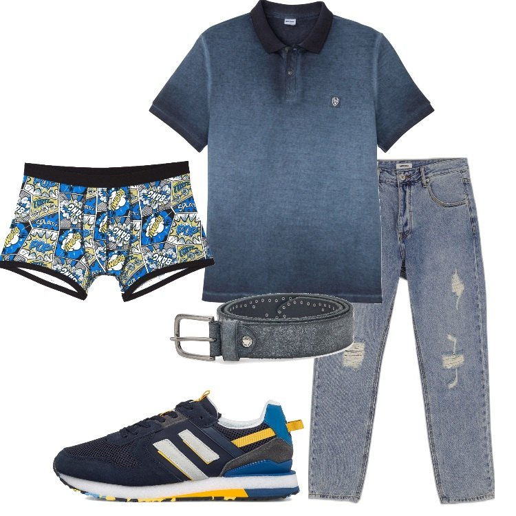 Outfit uomo - Polo délavé. Stile Casual per Tutti i giorni. Abbinamento con polo, boxer, jeans dritti, sneakers, cinture.