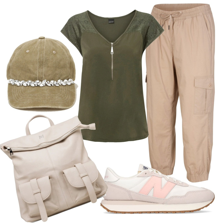 Outfit donna - Sportiva. Stile Urban per Tutti i giorni. Abbinamento con t-shirt, pantaloni cargo, zaini, cappelli con visiera, sneakers.