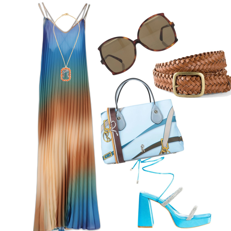 Outfit donna - Marrone e azzurro. Stile Bon Ton per Tutti i giorni. Abbinamento con cinture, borse a mano, occhiali da sole, sandali alla schiava, vestiti lunghi, ciondoli.