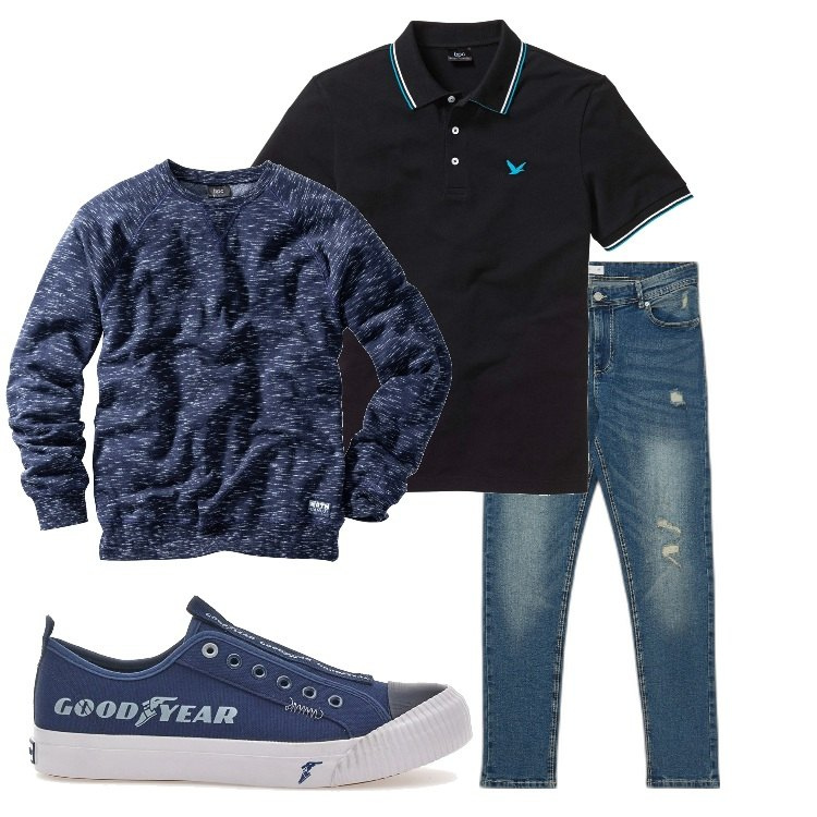 Outfit uomo - Semplice in blu. Stile Casual per Tutti i giorni. Abbinamento con polo, felpe, jeans skinny, sneakers.