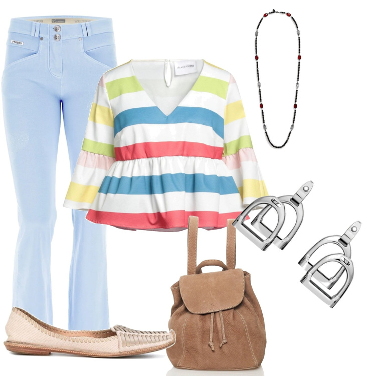 Outfit donna - Sbarazzina. Stile Basic per Tutti i giorni. Abbinamento con zaini, ballerine, bluse, pantaloni, orecchini, collane.