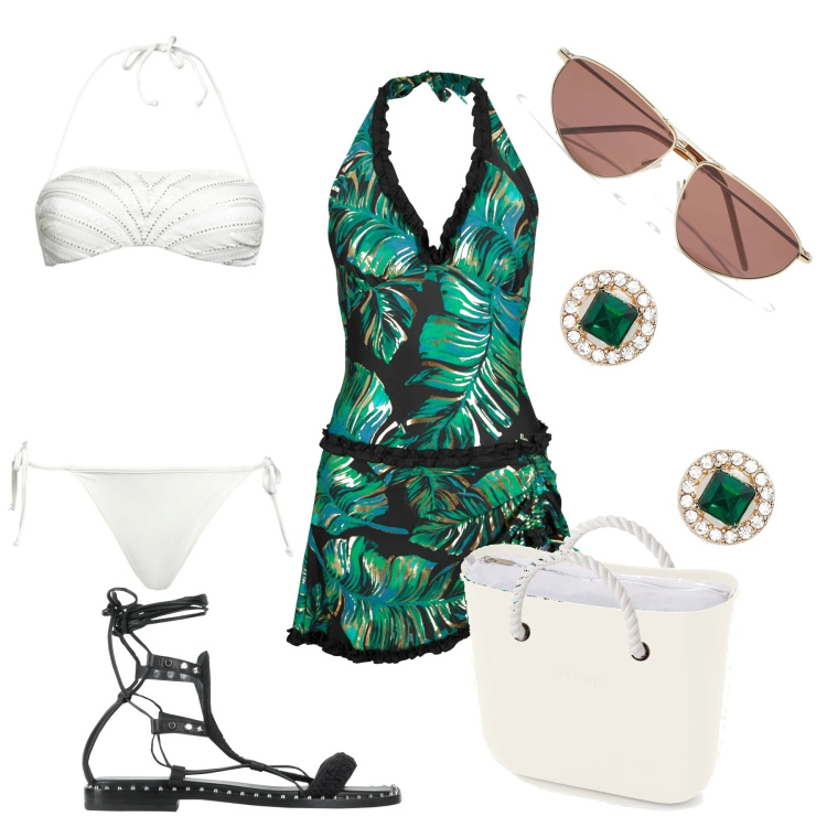 Outfit donna - Total look #1683503. Stile Casual chic per Mare. Abbinamento con vestiti da spiaggia, sandali in pelle, bikini, occhiali da sole, orecchini, borse a spalla.