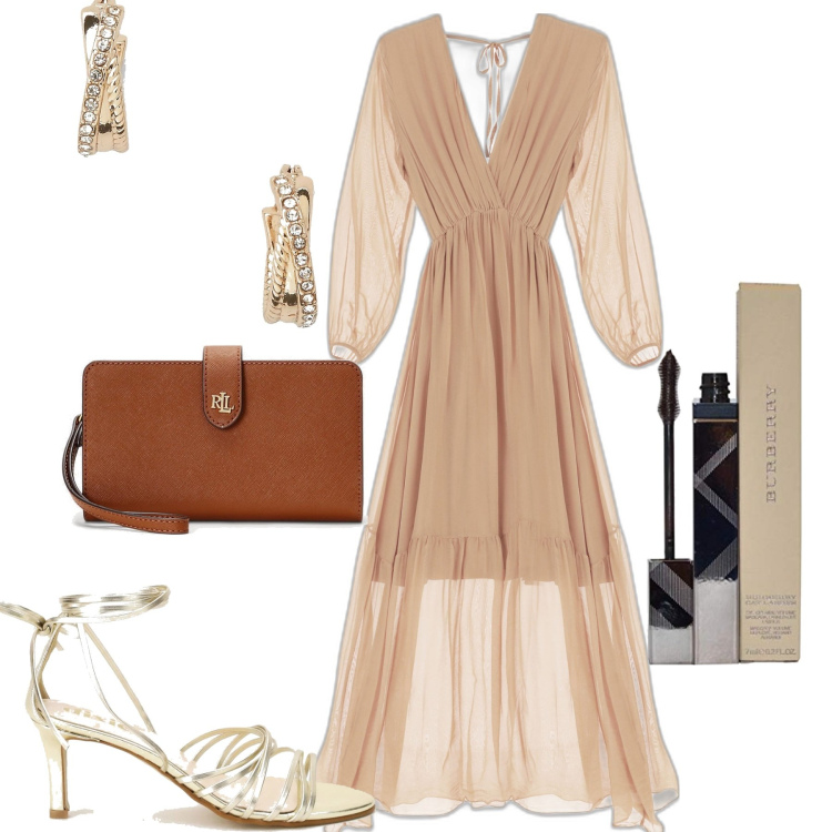 Outfit donna - Elegante alla festa. Stile Romantica per Serata fuori. Abbinamento con vestiti lunghi, sandali col tacco, orecchini, pochette, mascara.