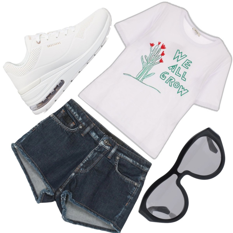 Outfit donna - We all grow. Stile Casual per Tutti i giorni. Abbinamento con occhiali da sole, shorts, t-shirt, sneakers.