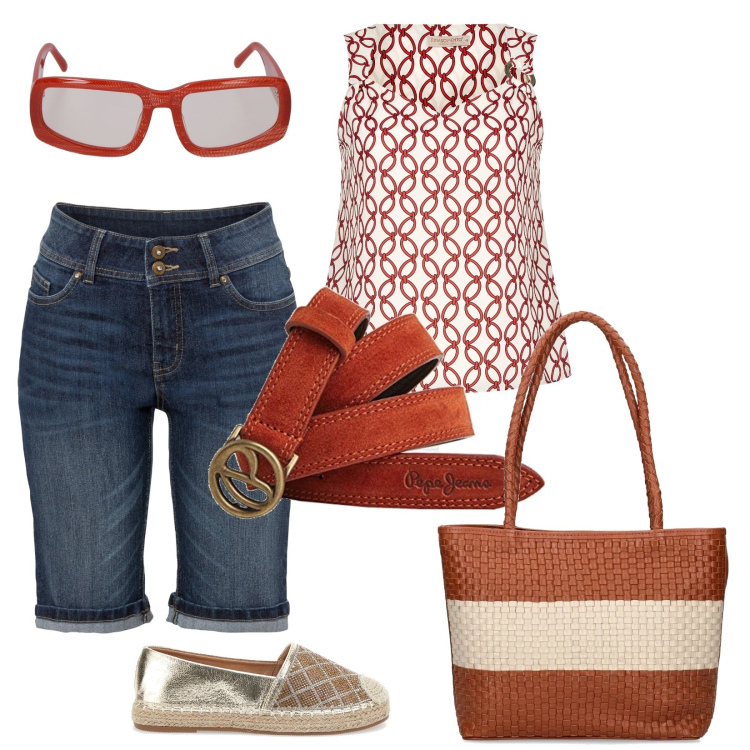 Outfit donna - Tutti i giorni sportiva e alla moda. Stile Urban per Tutti i giorni. Abbinamento con bermuda, top, shopping bag, cinture, espadrillas, occhiali da sole.