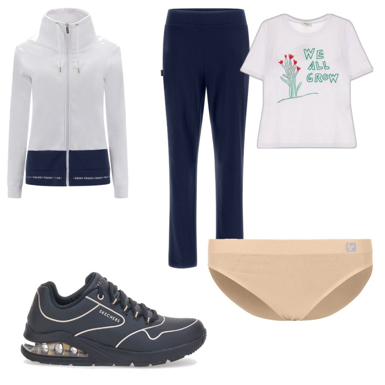 Outfit donna - Intimo Freddy. Stile Basic per Sport. Abbinamento con culotte, tute, t-shirt, sneakers.