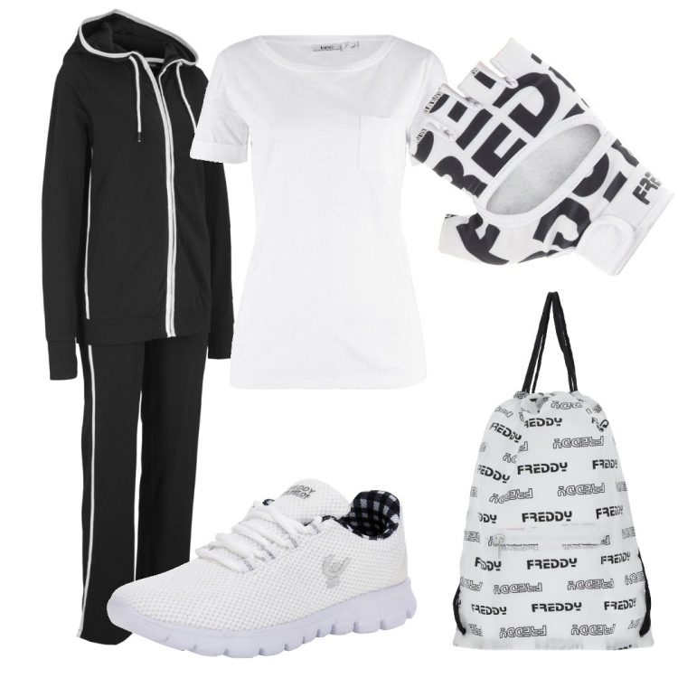 Outfit donna - Teniamoci in forma. Stile Basic per Sport. Abbinamento con tute sportive, t-shirt, zaini, sneakers, guanti.