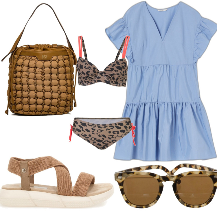 Outfit donna - Giornata in piscina. Stile Etnico per Mare. Abbinamento con bikini, vestiti corti, borse a secchiello, sandali, occhiali da sole.