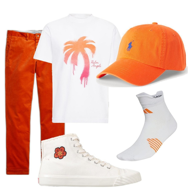 Outfit uomo - L\'arancione. Stile Casual per Tutti i giorni. Abbinamento con sneakers alte, cappelli, pantaloni, t-shirt, calzini.