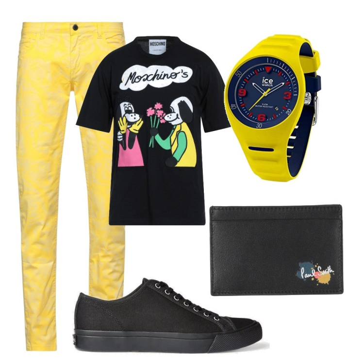 Outfit uomo - Pantaloni gialli. Stile Urban per Tutti i giorni. Abbinamento con pantaloni, t-shirt, portafogli, sneakers, orologi.