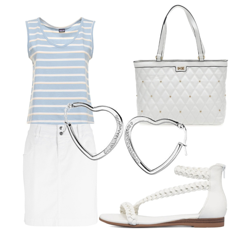 Outfit donna - Estate in città. Stile Minimal per Ufficio. Abbinamento con minigonne, sandali, borse a spalla, orecchini, canottiere.