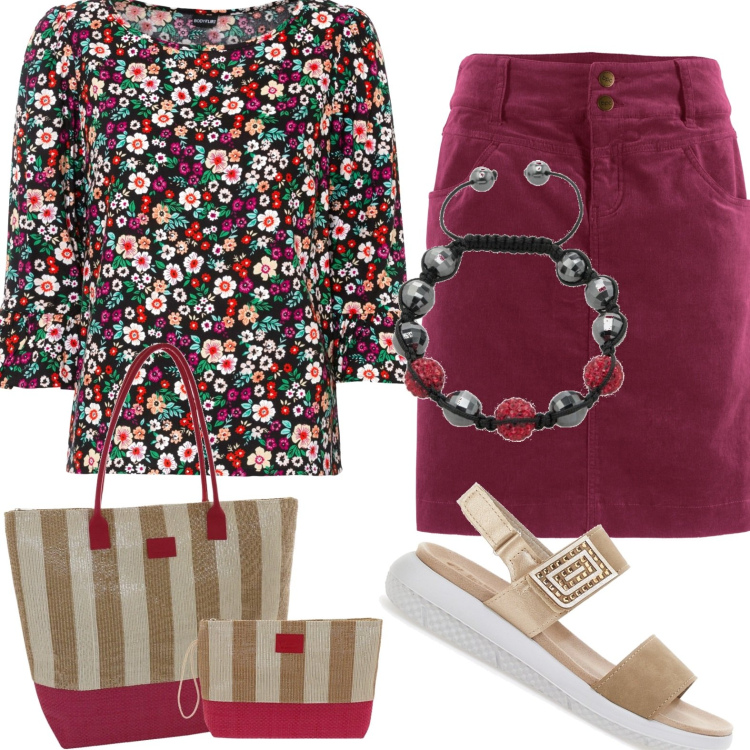Outfit donna - A far la spesa. Stile Casual per Tutti i giorni. Abbinamento con gonne lunghe, bluse, sandali, borse a secchiello, braccialetti.