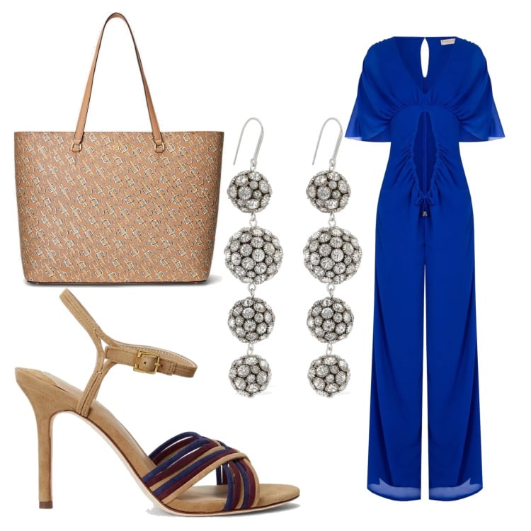 Outfit donna - La jumpsuit blu. Stile Chic per Serata fuori. Abbinamento con tute, borse tote, sandali col tacco, orecchini.