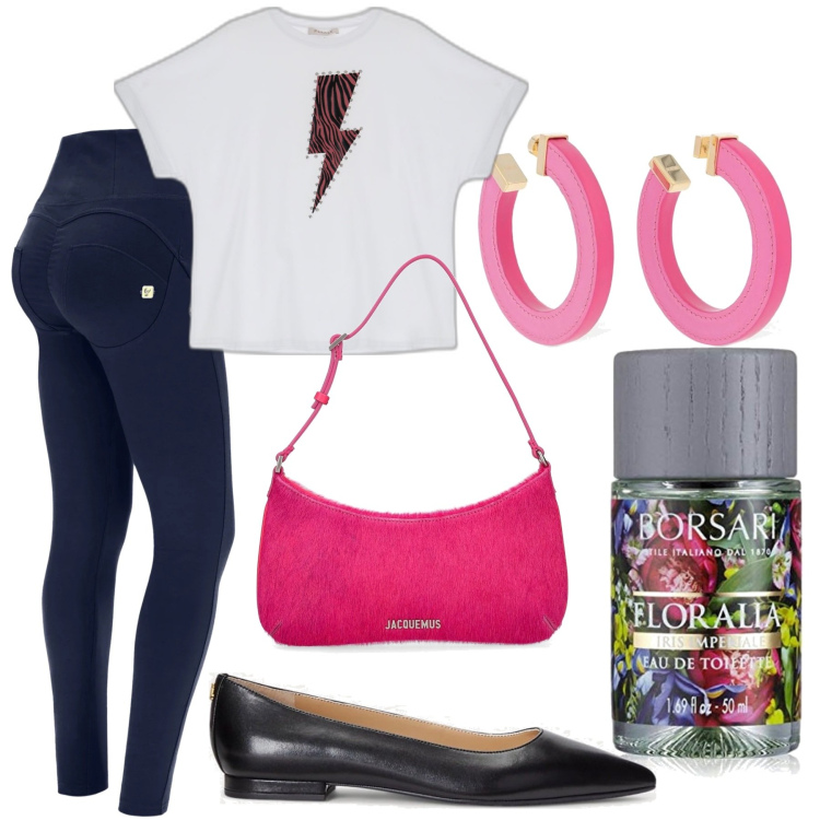 Outfit donna - Lunedì in ballerine. Stile Casual per Scuola/Università. Abbinamento con t-shirt, pantaloni skinny, ballerine, orecchini, borse a spalla, profumi.