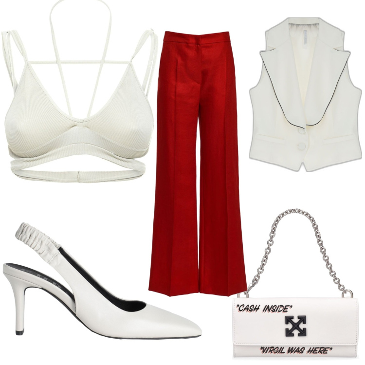 Outfit donna - Il pantalone rosso. Stile Casual chic per Serata fuori. Abbinamento con décolleté, gilet, pantaloni, top, borse a spalla.