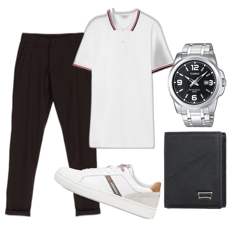Outfit uomo - Comodo x l'ufficio. Stile Casual per Ufficio. Abbinamento con pantaloni chino, polo, sneakers, portafogli, orologi analogici.