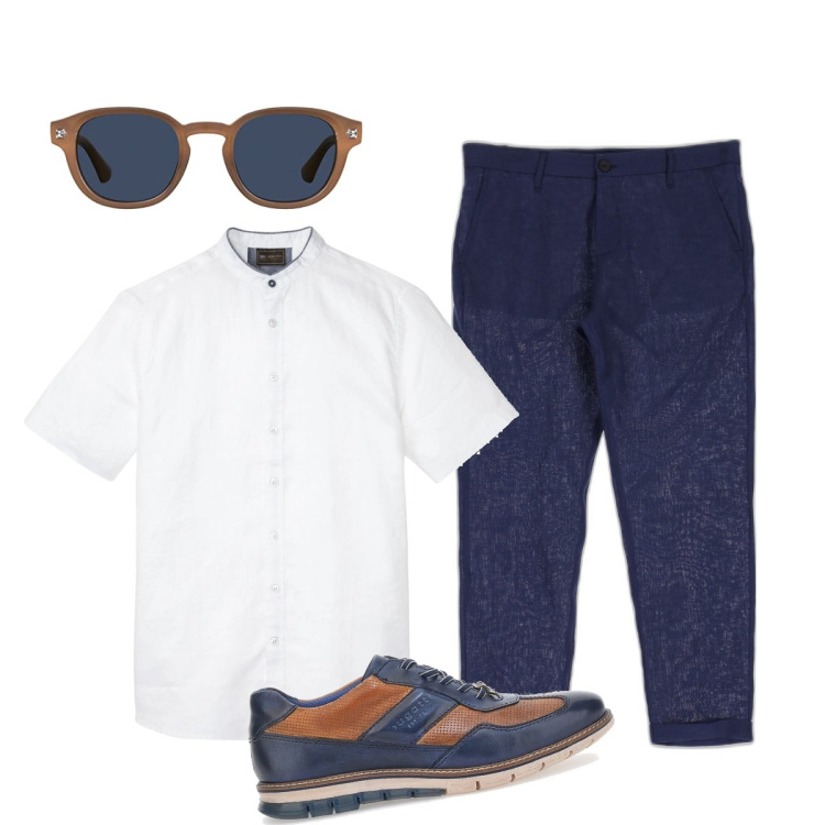 Outfit uomo - Blu e bianco sempre elegante. Stile Trendy per Tutti i giorni. Abbinamento con camicie a manica corta, pantaloni, occhiali da sole, scarpe stringate.
