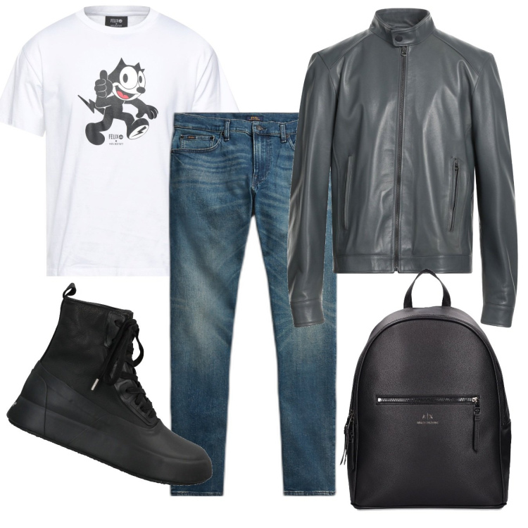 Outfit uomo - Un giro in moto. Stile Biker Rock per Tutti i giorni. Abbinamento con jeans, giacche, stivali e stivaletti, t-shirt, borse sportive.