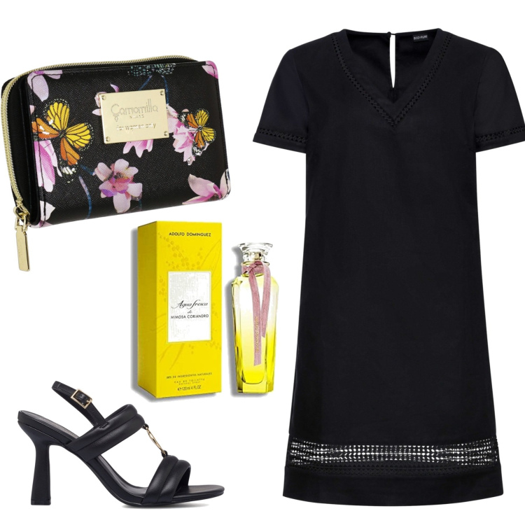 Outfit donna - Semplice ed elegante. Stile Bon Ton per Ufficio. Abbinamento con vestiti, sandali col tacco, portafogli, profumi.